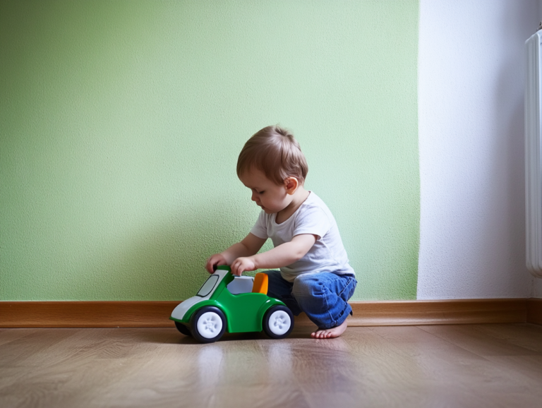 Ein 2-jähriges Kind sitzt auf dem Boden und spielt konzentriert mit einem Spielzeugauto.